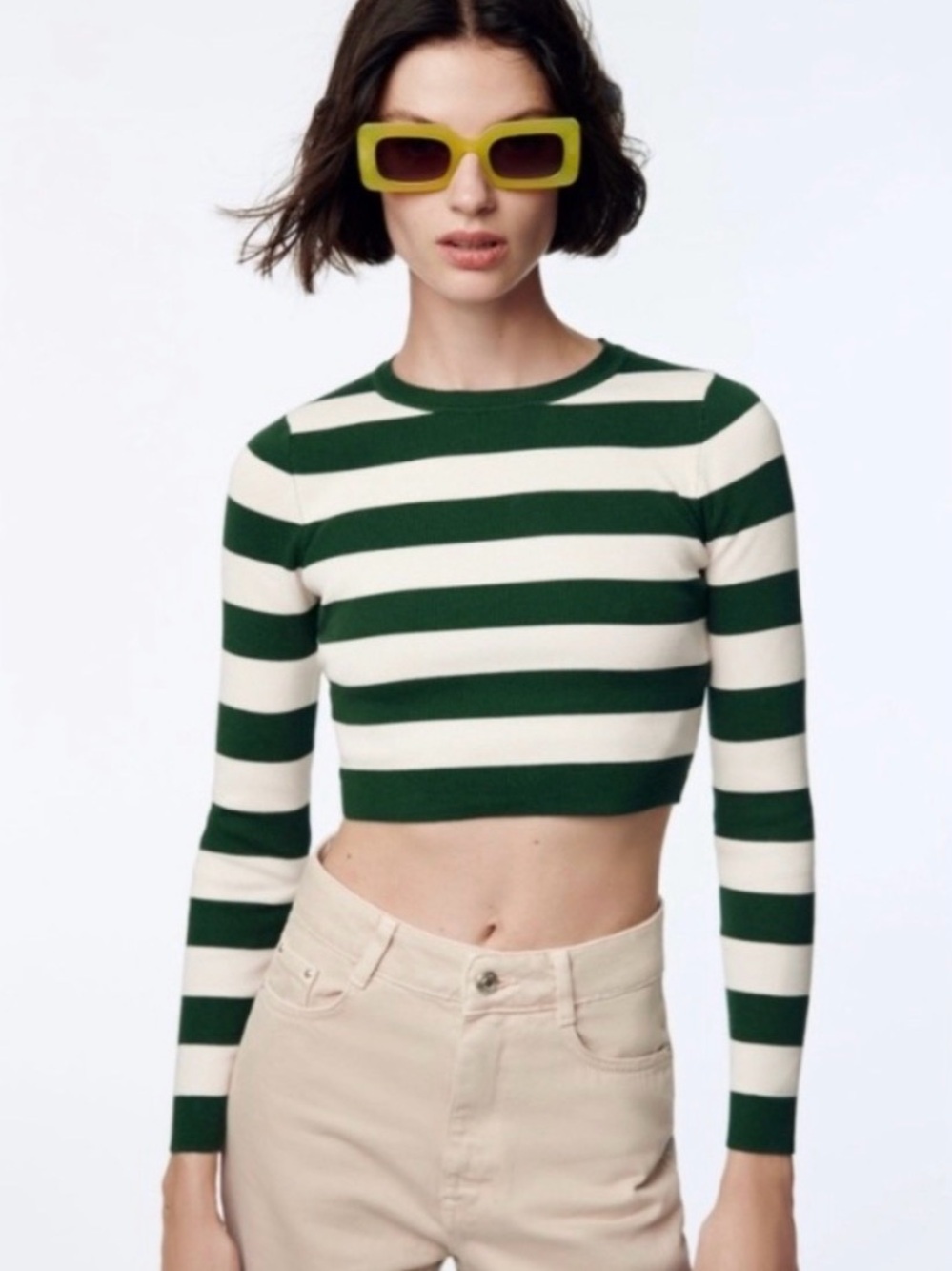 ZARA Green & White Striped Cropped Knit Sweater Size Small